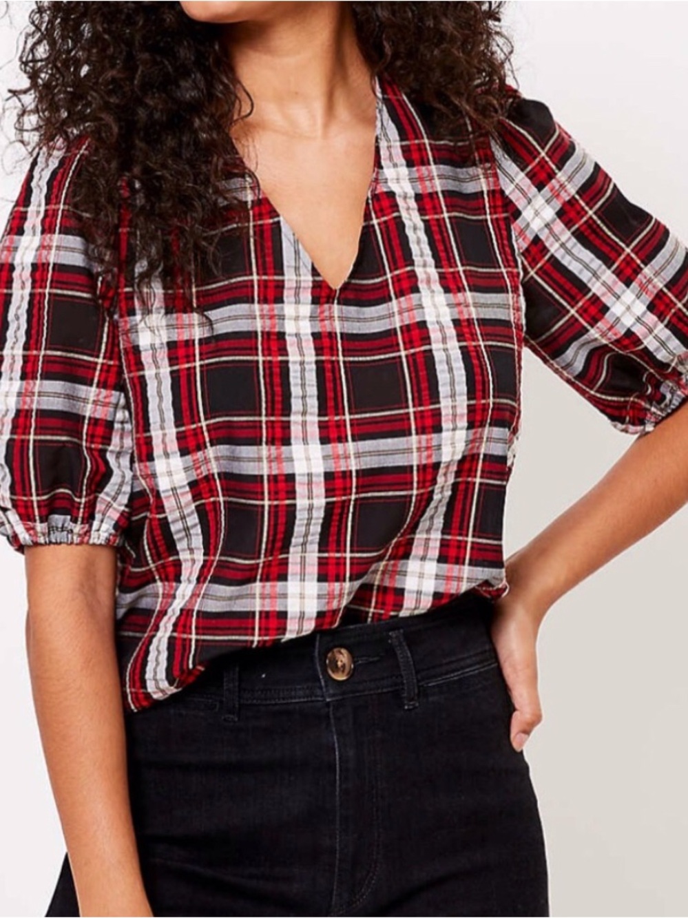 LOFT Red and Black Plaid V-Neck Puff Sleeve Blouse size XL